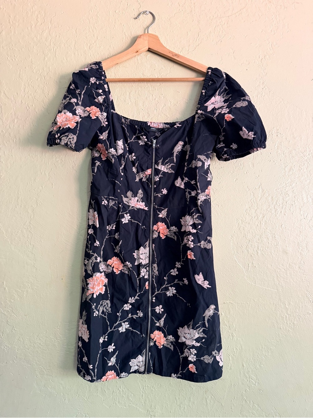 Obey Woman’s Black Mini Dress with Pink Floral Print, Size: M